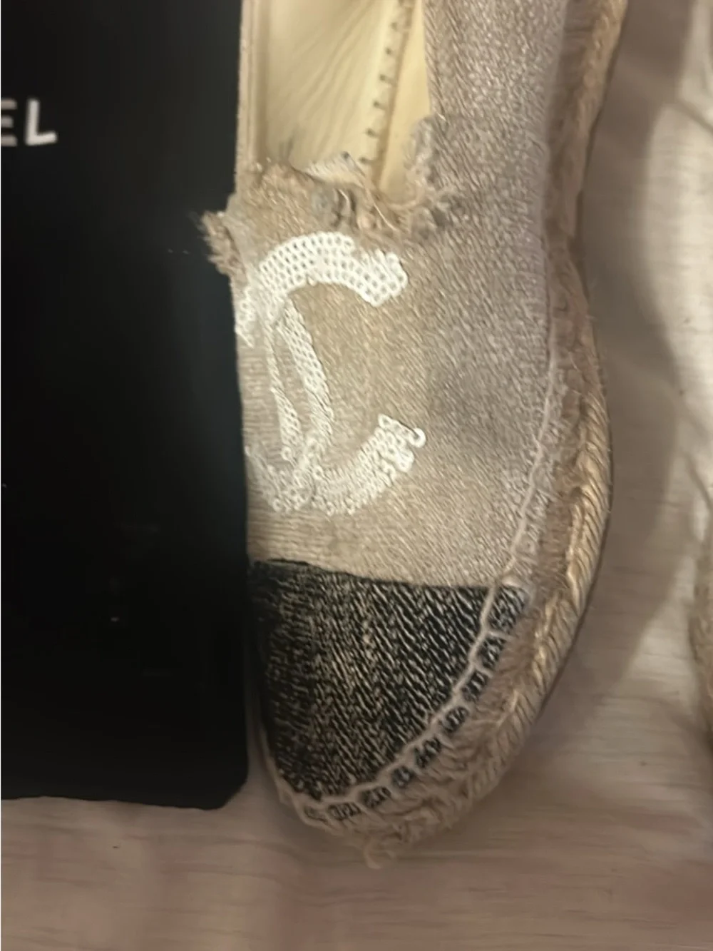 CHANEL Beige Sequin CC Espadrilles with Black Tweed Toe
